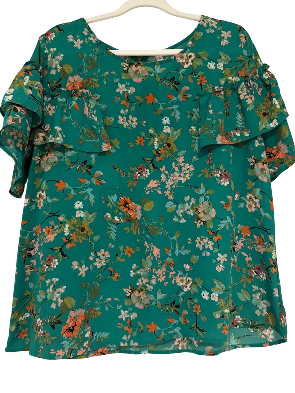 Xhilaration Green Floral Ruffle Sleeve Blouse, XL
